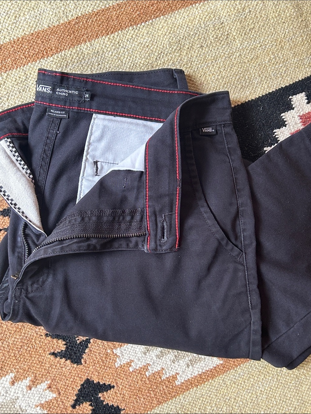Vans Black Chino Pants with Red Stitching
